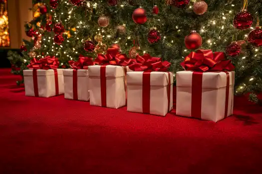 A row of elegantly wrapped Christmas presents with red ribbons, displayed under a beautifully decorated Christmas tree.