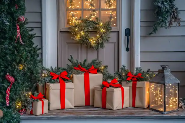 A cozy porch decorated for Christmas with a cluster of wrapped gifts in brown paper tied with red bows, surrounded by a wreath and lantern glowing with lights.