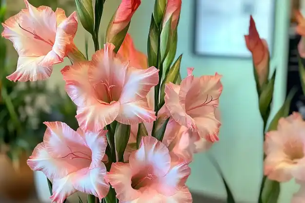 A close-up view of delicate pink gladiolus flowers with soft, ruffled petals in a vase, showcasing their vibrant elegance.