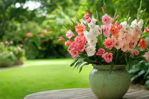 A lush garden setting featuring a charming vase filled with pastel pink and coral gladiolus blooms on a rustic wooden table.