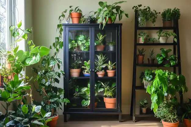 A modern black display cabinet showcasing an assortment of lush indoor plants, complemented by a wooden ladder shelf with more greenery, all set in a warm, sunlit room. 🌱🪴