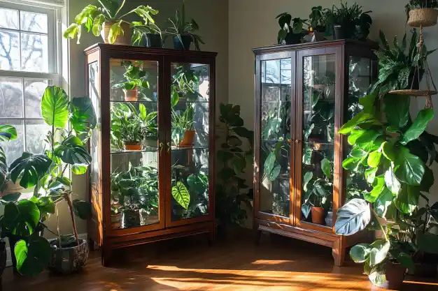 A cozy plant display featuring antique wooden cabinets filled with vibrant green indoor plants, basking in natural light by a large window. 🌿🌞