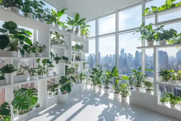 A contemporary urban indoor garden with floor-to-ceiling white shelving filled with thriving plants, set against the backdrop of a stunning city skyline and large glass windows. 🌆🌿