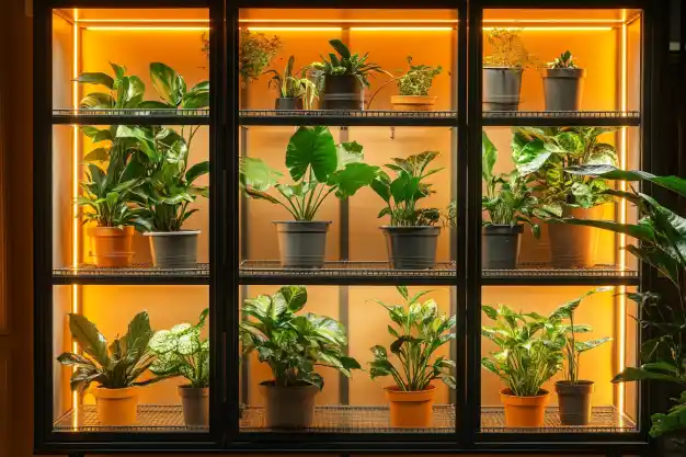 A collection of indoor plants arranged in a backlit display cabinet with warm orange lighting, showcasing a variety of green foliage