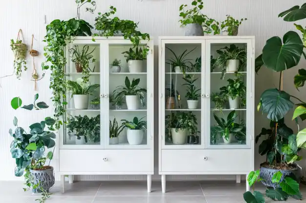 Two white cabinets with glass doors displaying lush indoor plants in pots, surrounded by climbing greenery and a minimalist indoor garden aesthetic.