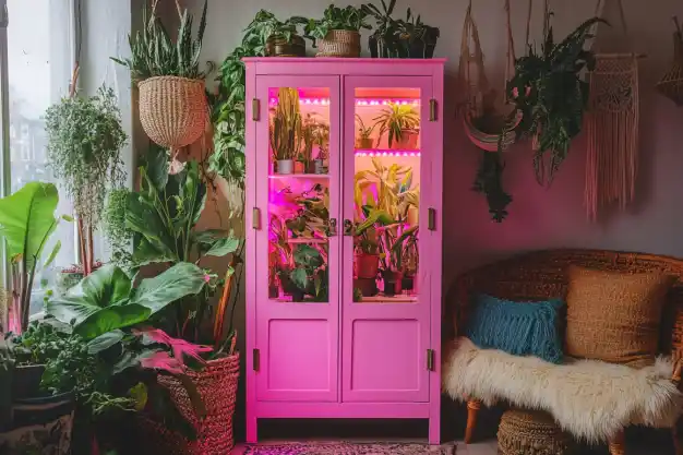 A pink cabinet filled with vibrant houseplants under pink grow lights, surrounded by a cozy, bohemian living space with woven baskets and hanging planters