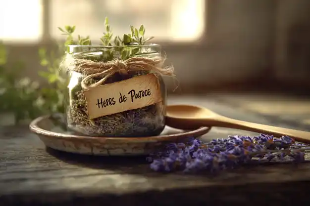 A labeled jar of "Herbs de Provence," adorned with twine and surrounded by a wooden spoon and sprigs of lavender, placed on a rustic wooden table with a soft, warm glow.