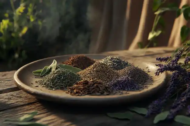 A wooden plate featuring an assortment of dried herbs and spices in small piles, including lavender, sage, and other aromatic blends, with sprigs of lavender and greenery nearby.