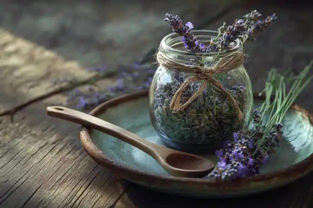 A rustic glass jar filled with dried lavender, tied with a twine bow, placed on a ceramic plate alongside a wooden spoon and sprigs of fresh lavender, all on a wooden surface.