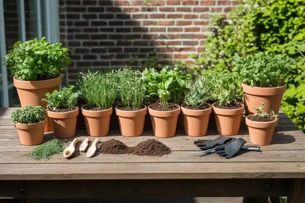 A collection of various herbs, including basil, thyme, and parsley, in terracotta pots neatly arranged on a wooden table outdoors, accompanied by gardening tools and soil.