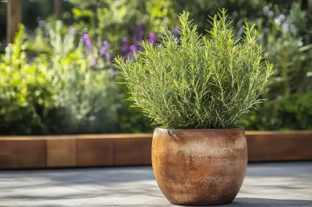 A lush rosemary plant growing in a terracotta pot placed on a sunlit patio, surrounded by a garden backdrop.