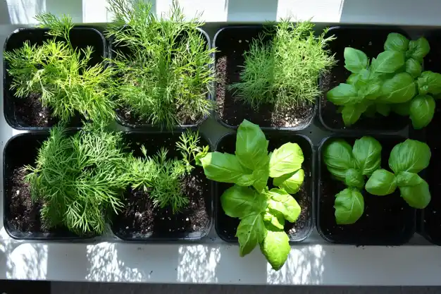 A well-lit indoor herb garden featuring multiple pots of basil and dill plants growing healthily on a windowsill.