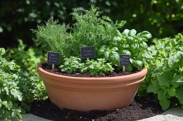 A terracotta pot filled with fresh herbs like basil, cilantro, and dill, labeled with small chalk signs, sitting outdoors in a garden.