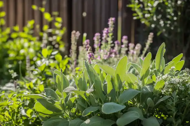 A lush herb garden featuring vibrant sage leaves illuminated by sunlight, with purple and green plants in the background, bordered by a wooden fence.