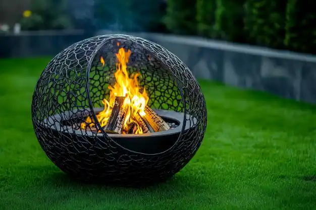 A stylish spherical fire pit with intricate wire detailing, glowing with flames, set on a neatly trimmed green lawn in a serene backyard.