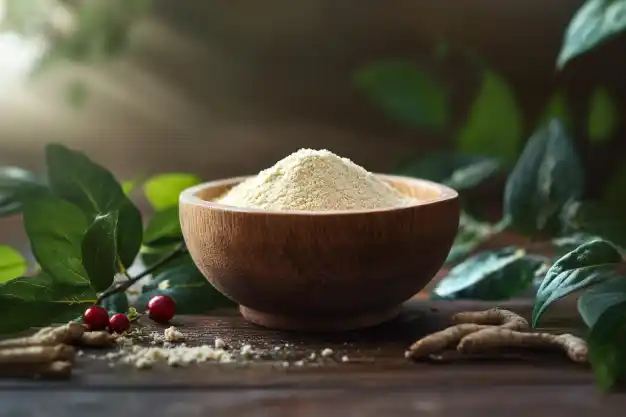 A wooden bowl filled with powdered ginseng on a rustic wooden surface, surrounded by ginseng roots, red berries, and green leaves in a natural setting with soft sunlight.