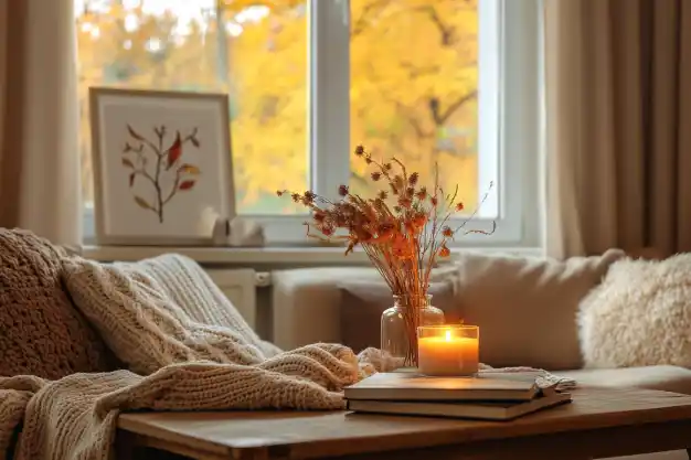 Cozy autumn-themed living room: A warm and inviting living room with a candlelit centerpiece, soft blankets, and a window showcasing golden autumn foliage outside