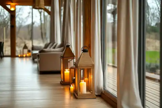 Lanterns with candles on a porch: Wooden lanterns with glowing candles lined up along a bright and airy wooden hallway with large windows.