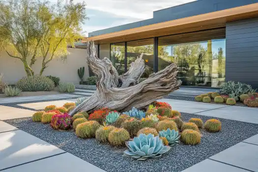 A stunning desert-inspired garden featuring a central driftwood piece surrounded by various succulents, including agave and barrel cacti, arranged on a bed of decorative gravel