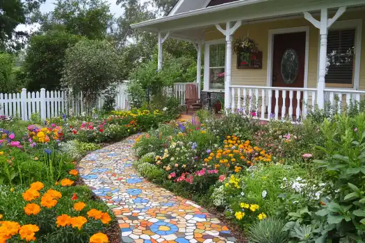 A charming country-style garden with a colorful mosaic pathway leading to a yellow house with a white porch, surrounded by vibrant flower beds in full bloom.