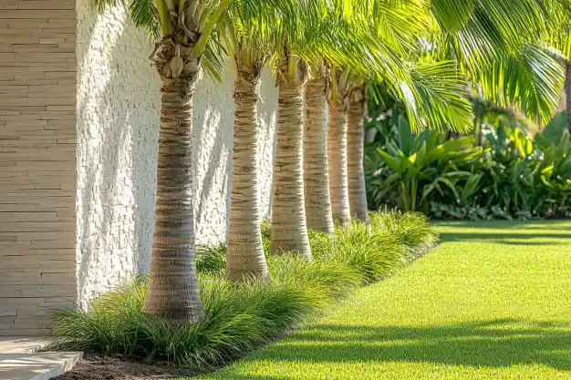 A luxurious garden showcasing a row of evenly spaced palm trees against a contemporary stone wall, with perfectly maintained grass.