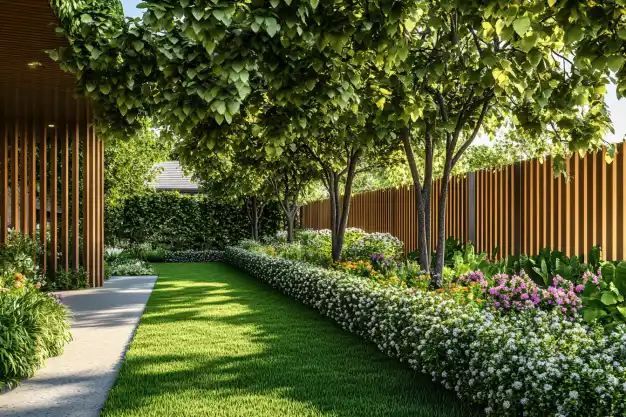 A serene backyard garden lined with lush green trees, vibrant flowers, and a wooden fence, providing a peaceful retreat.