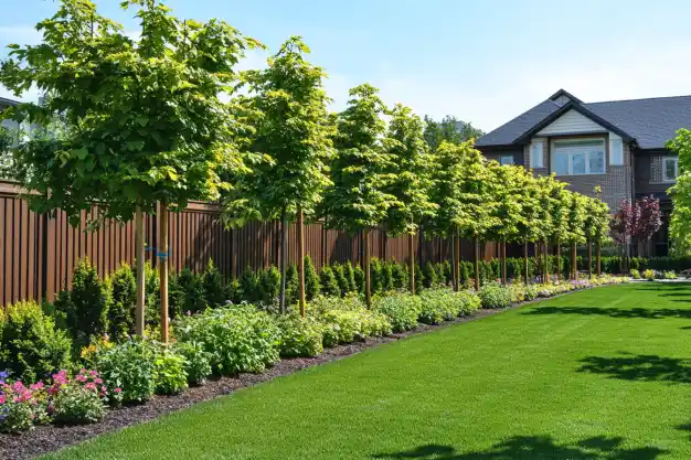 A beautifully landscaped garden featuring a row of young maple trees along a neatly trimmed lawn, with colorful flowerbeds in the foreground