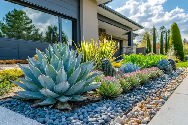 A vibrant xeriscape garden featuring large agave plants, succulents, and pebbled pathways in front of a modern home with large windows and a landscaped yard.