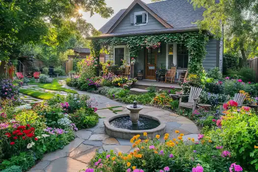 A picturesque cottage garden with a variety of colorful flowers, a central water fountain, and a charming front porch with rocking chairs and ivy-covered walls.