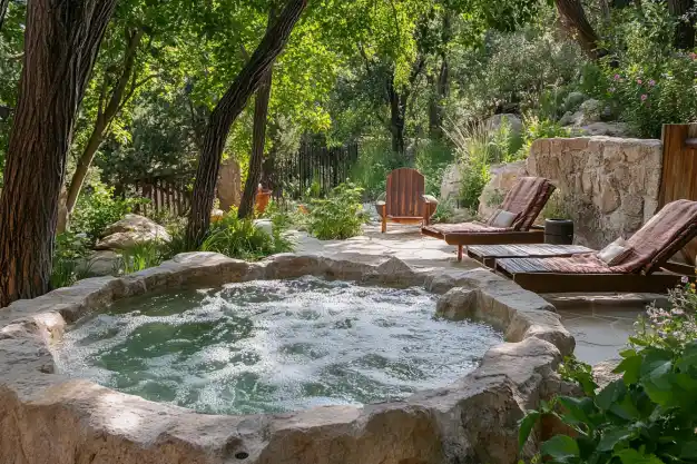 A serene backyard retreat with a natural stone hot tub surrounded by lush greenery, tall trees, and wooden lounge chairs for relaxation.