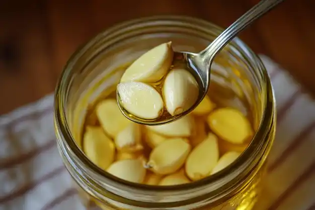 A spoon holding garlic cloves submerged in oil, placed over a glass jar filled with preserved garlic, against a rustic kitchen background.