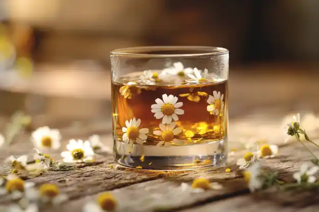 A glass of chamomile tea with delicate chamomile flowers floating on the surface, placed on a rustic wooden table with scattered chamomile blossoms.