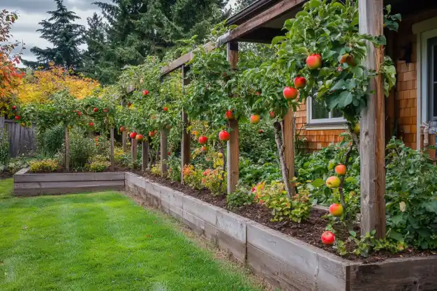 A row of espalier apple trees in raised wooden beds against a lush green lawn in a backyard garden.