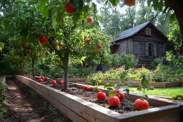 A rustic garden with apple trees in raised wooden beds, a quaint wooden shed in the background, and scattered ripe apples on the soil.