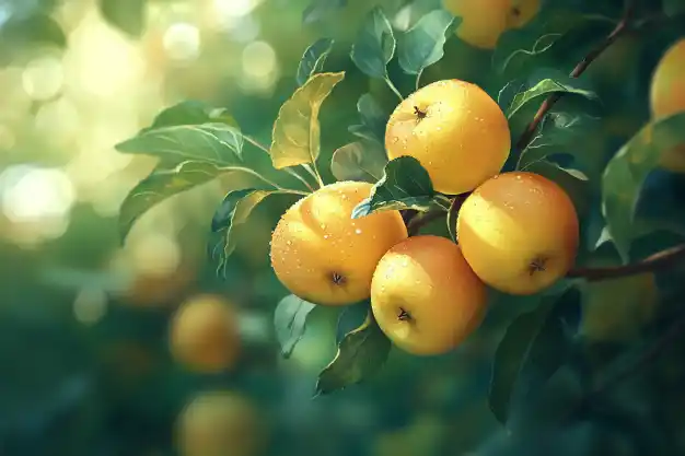 Close-up of golden apples glistening with dew, nestled among vibrant green leaves, bathed in soft sunlight.