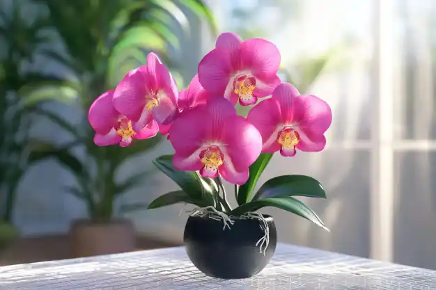 A stunning pink orchid in full bloom, showcased in a sleek black pot on a sunlit table, with soft light filtering through sheer curtains in the background.