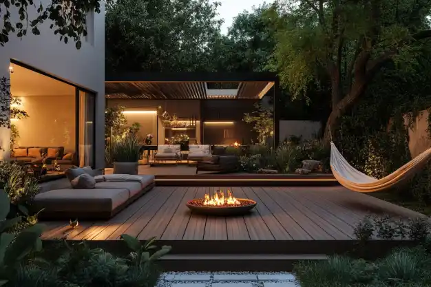 A modern backyard retreat featuring a cozy wooden deck with a central fire pit surrounded by cushioned seating. A nearby hammock swings gently between two trees, adding to the serene ambiance. Warm lights illuminate the outdoor space, including a sleek, open-air living area with stylish furniture and greenery. The scene is framed by lush plants and tall trees, creating a tranquil, private oasis.