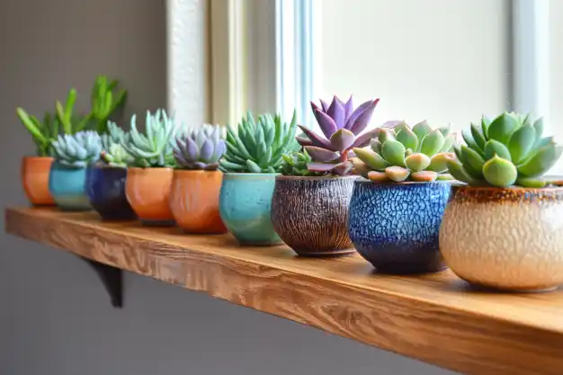 A vibrant display of assorted succulent plants in colorful ceramic pots lined up on a wooden shelf, illuminated by natural light through a nearby window.