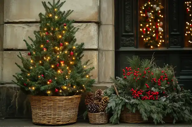 A festive outdoor display featuring two Christmas arrangements: a small, decorated Christmas tree with twinkling fairy lights in a woven basket and a greenery arrangement with red berries and pinecones. The setting is framed by a grand building entrance with illuminated holiday wreaths on the door.