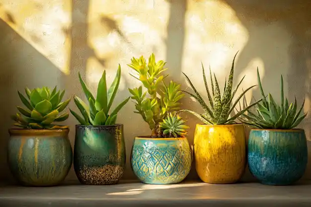 A vibrant arrangement of succulents in ceramic pots, painted in shades of yellow, teal, and blue, bathed in warm sunlight.