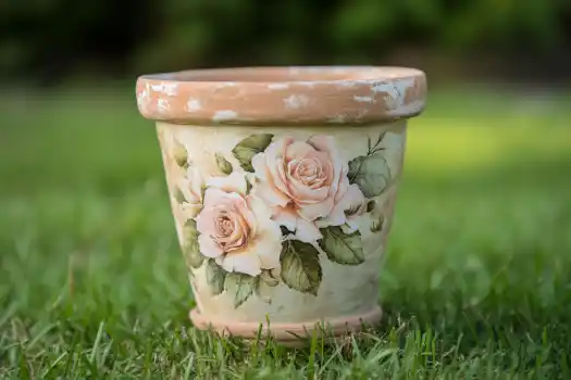 A terracotta pot adorned with delicate pink roses and green leaves, resting on a lush grassy background.