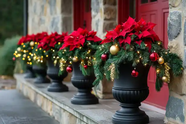 Elegant black urn planters with vibrant red poinsettias and lush greenery, accented with gold and red Christmas ornaments and twinkling lights, create a festive holiday display against a stone house backdrop.