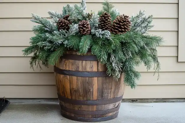 A rustic wooden barrel filled with snow-dusted evergreen branches and pinecones, beautifully complementing the cozy winter theme against a beige siding background.