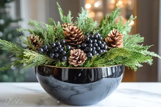 A sleek black bowl adorned with fresh evergreen branches, glossy black berries, and rustic pinecones forms a modern yet natural winter centerpiece on a polished surface.