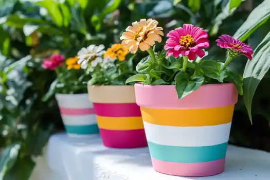 A vibrant display of three terracotta pots painted in colorful striped patterns, each filled with blooming zinnias in a garden setting.