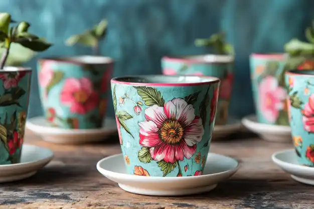 A collection of beautifully hand-painted ceramic cups with intricate floral designs, arranged on a rustic wooden table, doubling as unique planters.