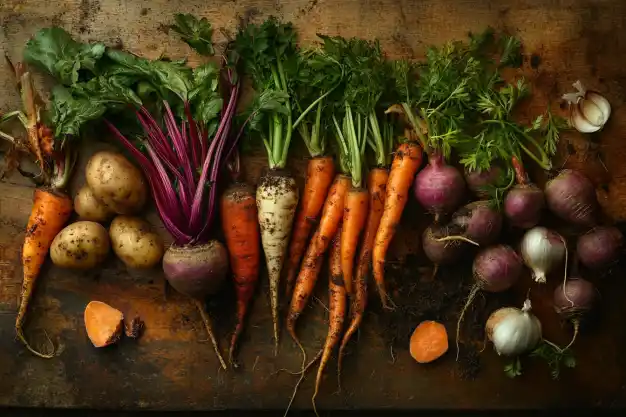 A rustic assortment of freshly harvested root vegetables, including carrots, beets, potatoes, turnips, onions, and garlic, arranged on a wooden surface with their green tops and earthy texture.