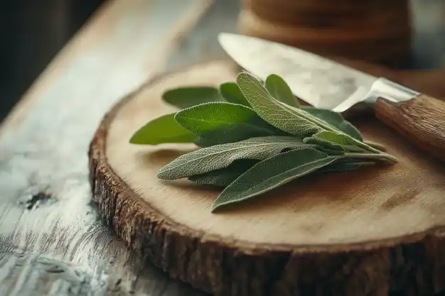 Fresh sage leaves placed on a rustic wooden chopping board with a knife resting beside them, creating a warm, natural kitchen setting.