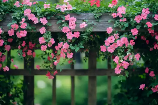 A wooden trellis adorned with cascading pink petunias, framed by lush greenery in the background.