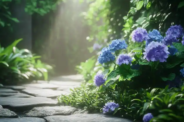 A serene garden pathway adorned with clusters of blue hydrangeas, illuminated by soft, diffused light filtering through the surrounding foliage.